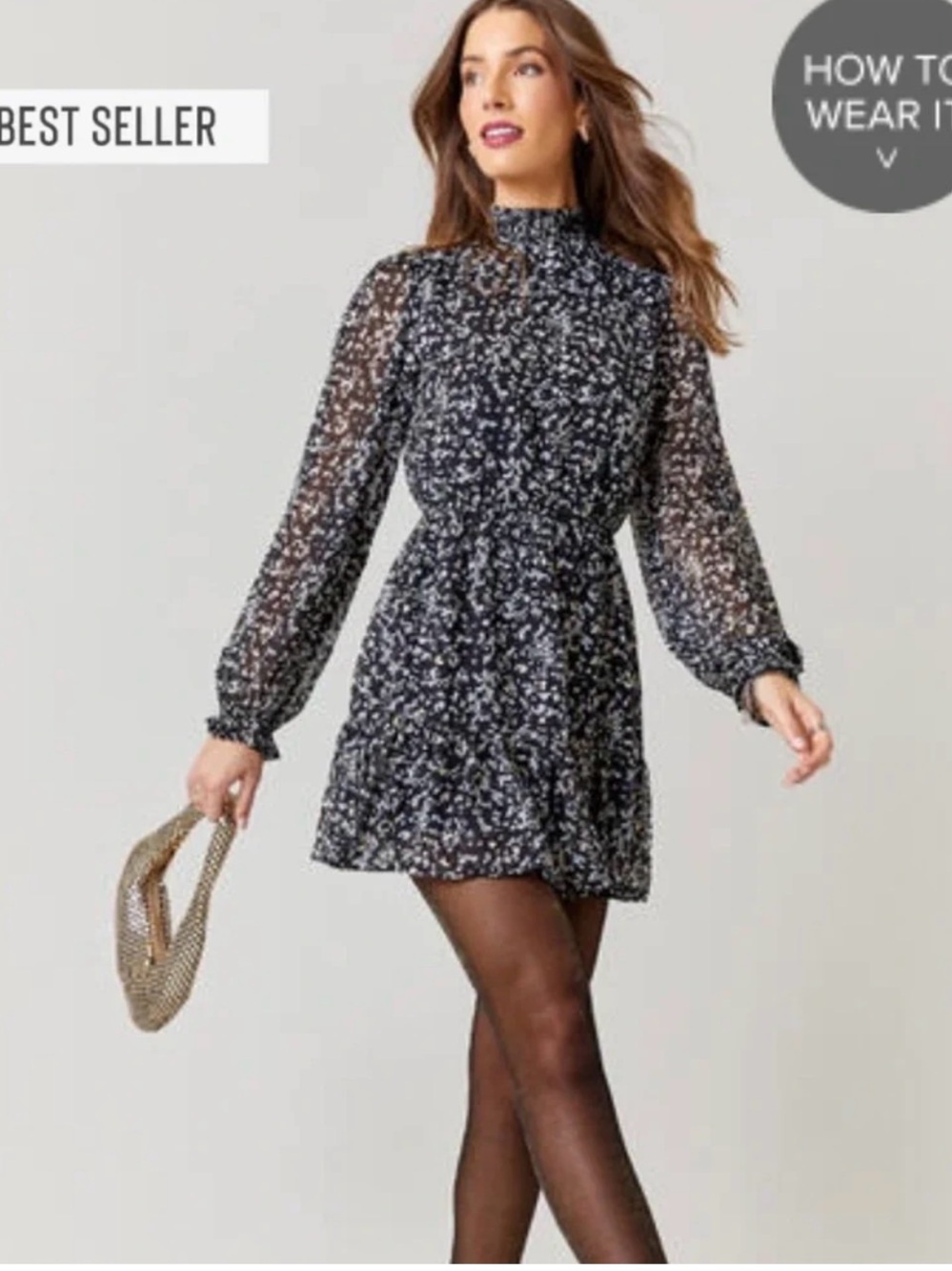 Mi Ami (Francesca’s Collection) Black Floral Print Dress with Gold Accent